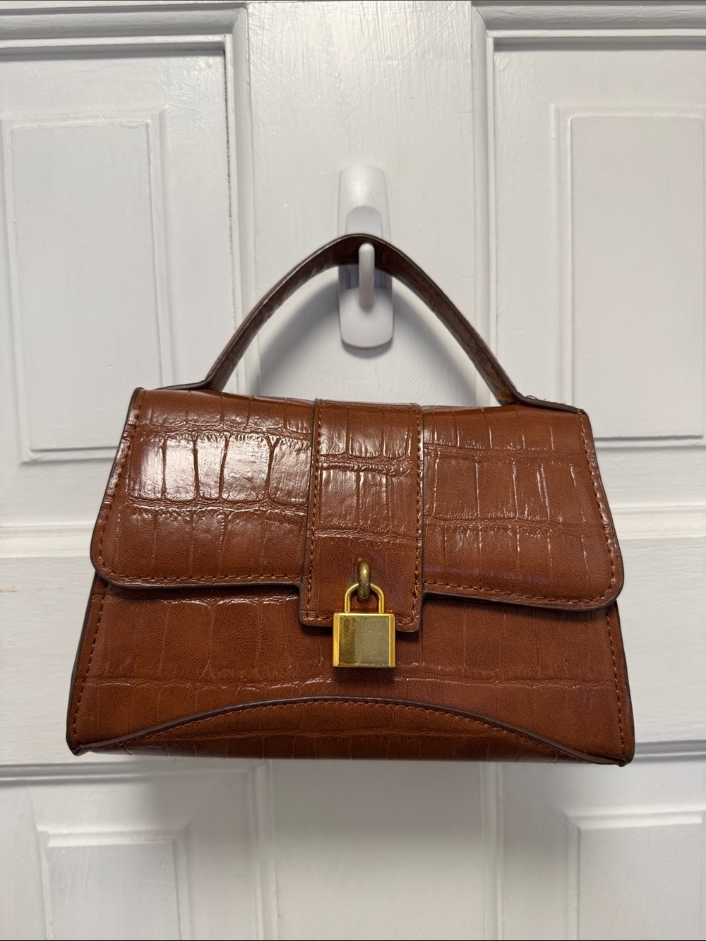 Mango Brown Croc-Embossed Satchel with Gold Padlock